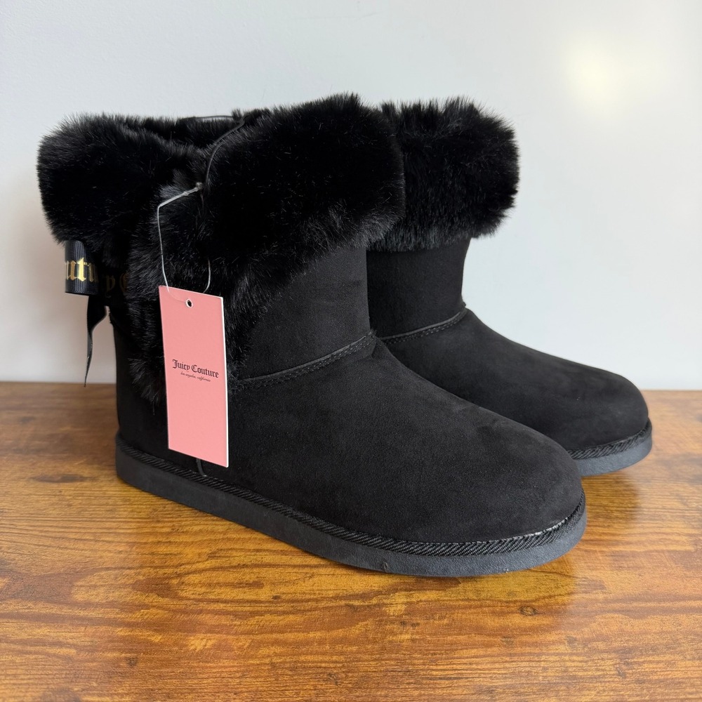 New Juicy Couture US 7.5 Faux Fur Black Fluffy Boots Winter Shoes Women Bow